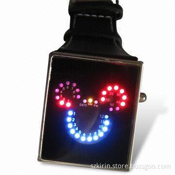 Watch with Alloy Electroplate Case, Leather Strap, Stainless Steel Back/Buckle, Binary LED Movement